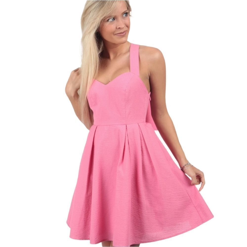 LAUREN JAMES dress rose pink Livingston seersucker bow back with pockets M‎